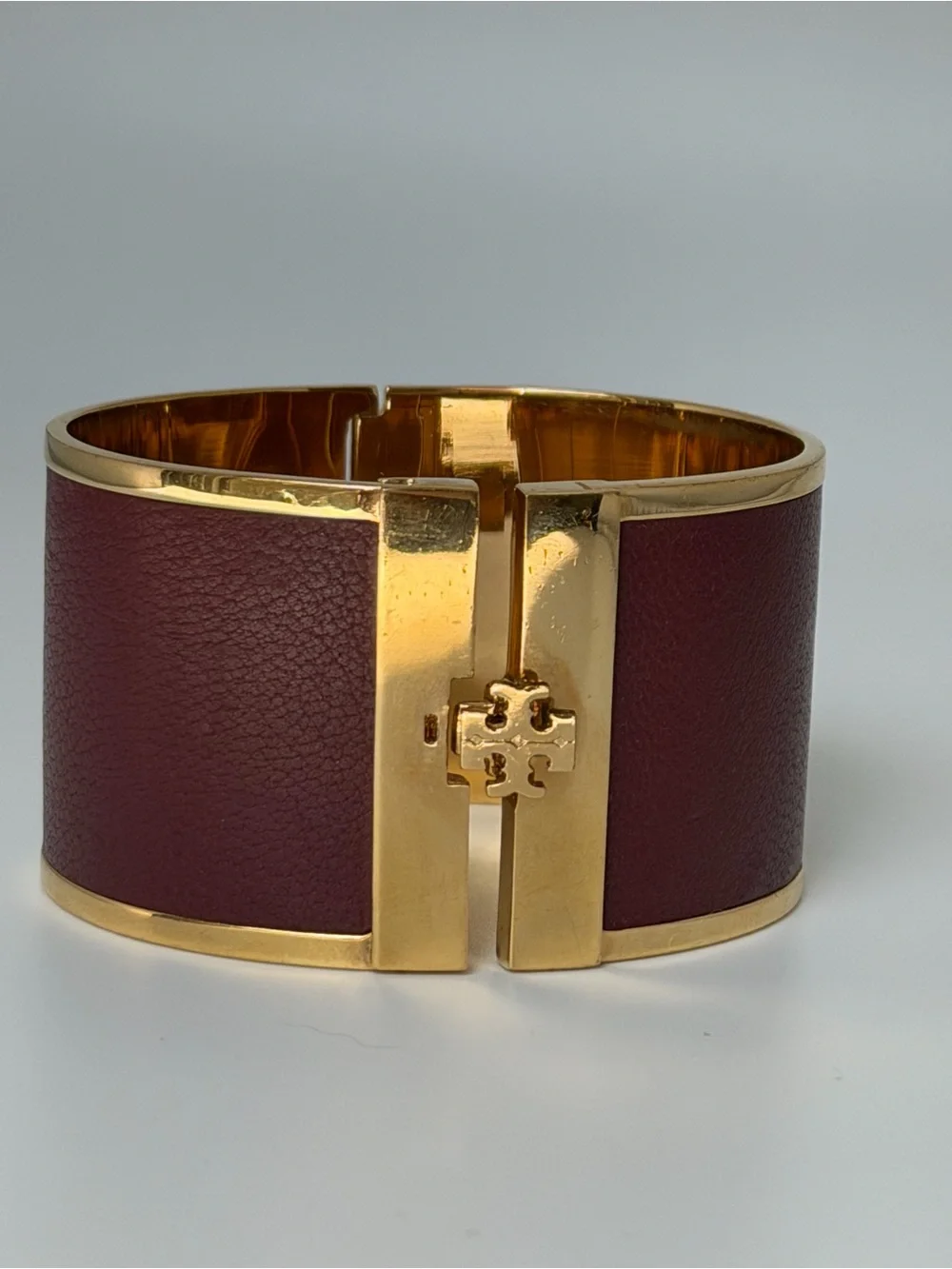 Tory Burch Burgundy Leather Gold Tone Wide Cuff Bracelet